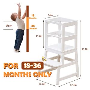 Kitchen Step Stool for Toddlers with Non-Slip Mat, WOOD CITY Wooden Kids Montessori Learning Stool Tower, Toddler Standing Tower Helper for Kitchen Counter and Bathroom Sink(White)