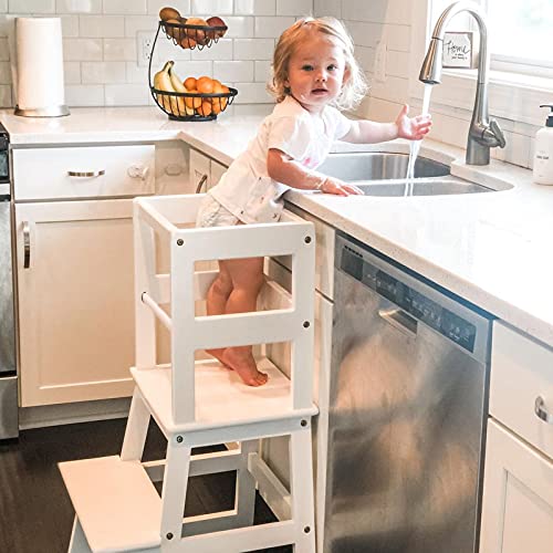 Kitchen Step Stool for Toddlers with Non-Slip Mat, WOOD CITY Wooden Kids Montessori Learning Stool Tower, Toddler Standing Tower Helper for Kitchen Counter and Bathroom Sink(White)