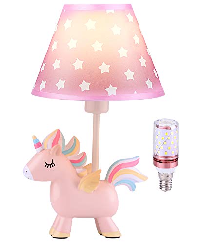 Cute Unicorn Lamp for Girls Bedroom, Kids Bedside Table Lamp with 3-Color Mode LED Blub & Shade, Unicorn Night Light Gifts for Girls Kids Bedroom Decor, Plug in Pink Lamps for Baby Nursery Decor