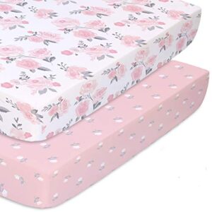 the peanutshell fitted pack n play, playard, mini crib sheets for baby girls | 2 pack set | pink roses and floral