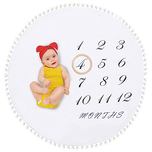 Baby Monthly Milestone Blanket for Boy Girl Gender Neutral Gift for Baby Shower-Circle Ring Play Mat Large- Double Sided Pom Pom Ball Thick Flannel Round Rug for Boy Girl, BabyPhotography Props