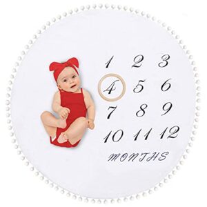 baby monthly milestone blanket for boy girl gender neutral gift for baby shower-circle ring play mat large- double sided pom pom ball thick flannel round rug for boy girl, babyphotography props