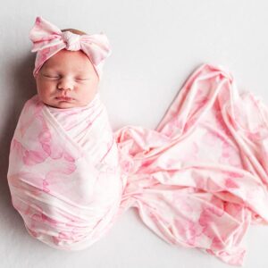 sincerely cozy – baby swaddle blankets, newborn swaddle and headband set for 0-3 months, newborn blankets for baby girls, made of bamboo rayon, rose petal love