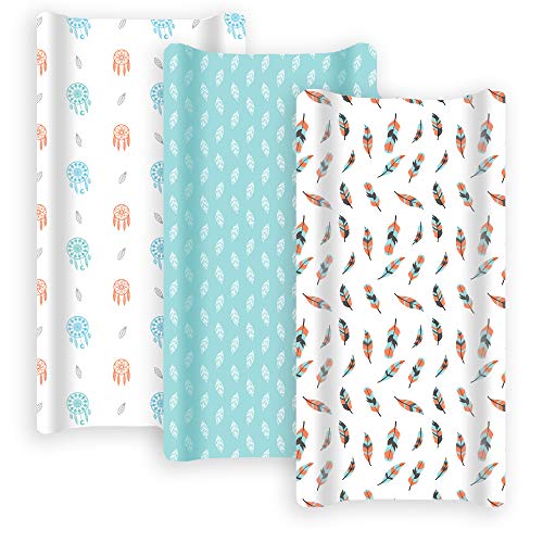 GROW WILD Changing Pad Cover Boys or Girls 3 Pack | Soft & Stretchy Diaper Changing Pad Covers | Changing Pad Sheets and Baby Changing Table Cover | Wipeable Sheets | Boho Dreams Teal White Feathers