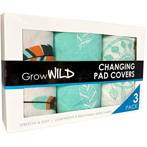 GROW WILD Changing Pad Cover Boys or Girls 3 Pack | Soft & Stretchy Diaper Changing Pad Covers | Changing Pad Sheets and Baby Changing Table Cover | Wipeable Sheets | Boho Dreams Teal White Feathers