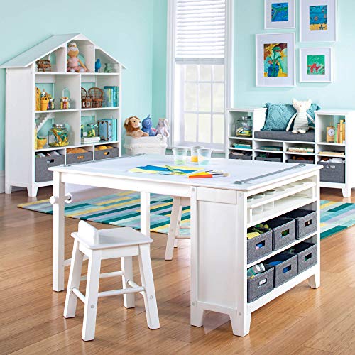 MARTHA STEWART Living and Learning Kids' Art Table and Stool Set - Creamy White: Wooden Drawing and Painting Desk with Paper Roller, Paint Cups and Removable Craft Supplies Storage Bins