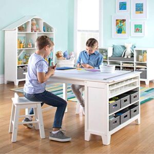 MARTHA STEWART Living and Learning Kids' Art Table and Stool Set - Creamy White: Wooden Drawing and Painting Desk with Paper Roller, Paint Cups and Removable Craft Supplies Storage Bins