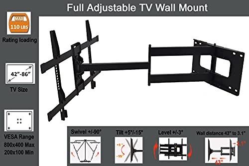 FORGING MOUNT Long Arm TV Mount, Full Motion Wall Mount Bracket with 43 inch Extension Articulating Arm TV Wall Mount, Fits 42 to 86 Inch Flat/Curve TVs, Holds up to 110 lbs,VESA 800x400mm Compatible