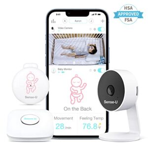 Sense-U Smart Baby Monitor 3+Camera, Audio, Video Baby Monitor That Notifies You for No Abdominal Movement, Rollover, High/Low Temperatures, Detected Motion, with Night Vision, 2-Way Talk, Pink