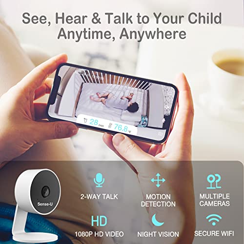 Sense-U Smart Baby Monitor 3+Camera, Audio, Video Baby Monitor That Notifies You for No Abdominal Movement, Rollover, High/Low Temperatures, Detected Motion, with Night Vision, 2-Way Talk, Pink