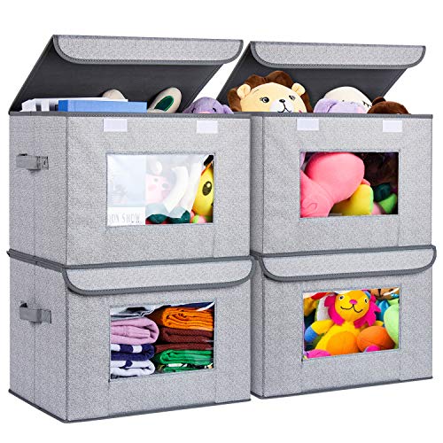 Univivi Foldable Nursery Storage Bin [4-Pack] Fabric Storage Boxes with Lids Large Toy Organizers and Storage for Nursery Bedroom Home (Gray, 17“ x 12” x 12")