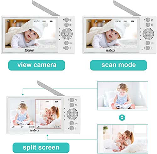 JouSecu Baby Monitor with 2 Cameras, Video Baby Monitor, 4.3 Inches LCD Split Screen, 1000ft Range Rechargeable Battery, with 2 Way Audio,Temperature Detection,Baby Crying Detection,Night Vision