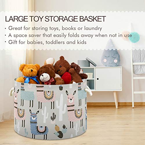 Large Round Storage Basket - Cactus Llama Canvas Home Organizational Solution Toy Storage Bin for Laundry Hamper,Toy Bins,Gift Baskets, Bedroom, Clothes,Baby Nursery