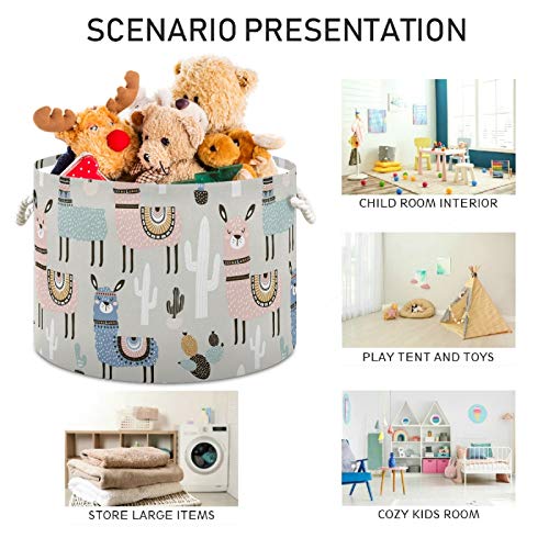 Large Round Storage Basket - Cactus Llama Canvas Home Organizational Solution Toy Storage Bin for Laundry Hamper,Toy Bins,Gift Baskets, Bedroom, Clothes,Baby Nursery