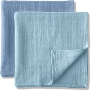 mozah organic muslin swaddle blankets - 100% soft organic cotton - baby girl blanket and baby boy blanket - ideal baby registry items unisex essentials - baby swaddles (dark and light blue)