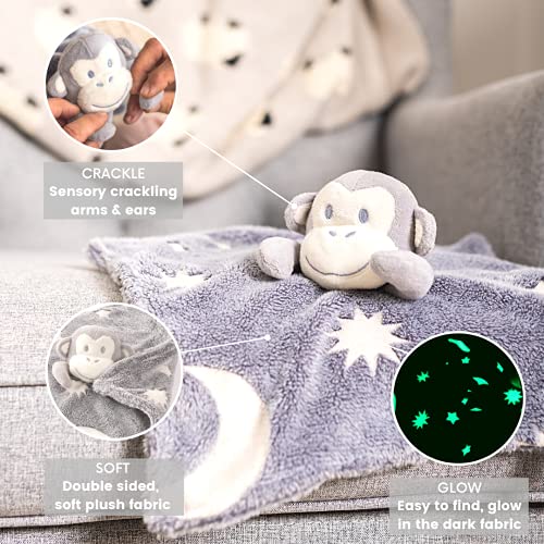 Security Blanket - Glow In The Dark, Monkey Sensory Blanket. The Super Soft, Unisex Security Blanket For Babies Glows In The Dark & Helps Babies Find Their Blanket At Night & Fall Straight Back Asleep