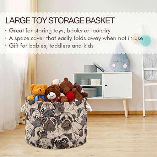 MNSRUU Storage Basket 20"x14" Vintage Cute Pug Dogs Collapsible Organizer Basket with Handles, Fabric Nursery Laundry Basket Large Capacity