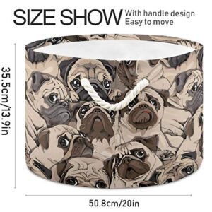 MNSRUU Storage Basket 20"x14" Vintage Cute Pug Dogs Collapsible Organizer Basket with Handles, Fabric Nursery Laundry Basket Large Capacity