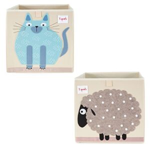 3 Sprouts Large 13 Inch Square Children's Foldable Fabric Storage Cube Organizer Box Soft Toy Bin 2 Piece Bundle with Blue Cat, Polka Dot Sheep Design