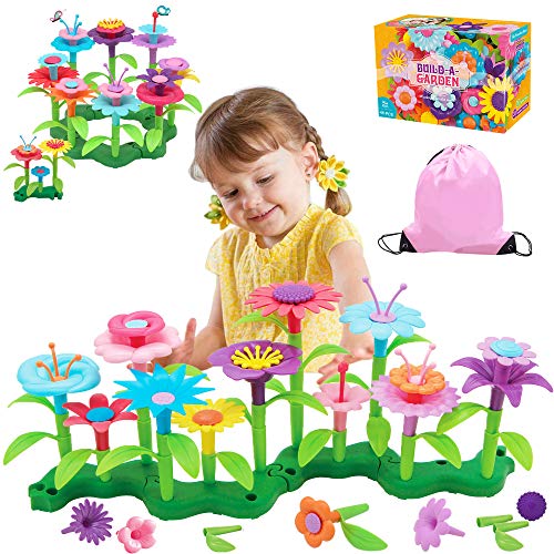 FLYINGSEEDS 46 PCS Flower Garden Building Toys for Girls, STEM Toy Gardening Pretend Play Set for Kids, Girls Favor Stacking Game for Toddlers, Preschooler Age 3 4 5 6 7 8 Year Old