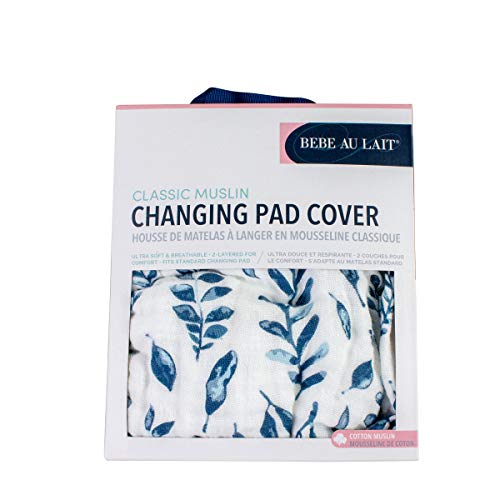 Bebe au Lait Classic Muslin Changing Pad Cover, 100% Cotton Muslin, One Size Fits Most - Blue Leaves