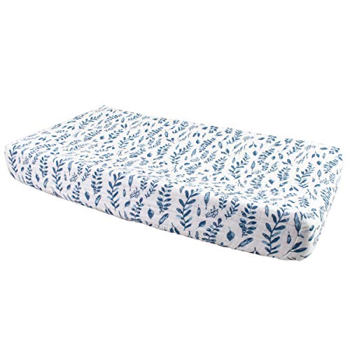 Bebe au Lait Classic Muslin Changing Pad Cover, 100% Cotton Muslin, One Size Fits Most - Blue Leaves