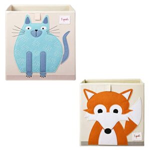 3 sprouts large 13 inch square children's foldable fabric storage cube organizer box soft toy bin 2 piece bundle with blue cat and orange fox designs