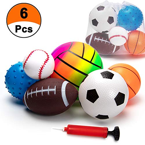 beetoy Ball Set for Toddlers 1-3, Assorted Balls Toddler Sports Balls Kids Balls Soft Toy Balls - Soccer Ball Playground Balls Basketball Volleyball Baseball Rugby - Inflatable with Pump, 6 PCS