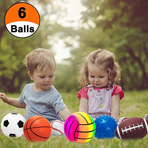 beetoy Ball Set for Toddlers 1-3, Assorted Balls Toddler Sports Balls Kids Balls Soft Toy Balls - Soccer Ball Playground Balls Basketball Volleyball Baseball Rugby - Inflatable with Pump, 6 PCS