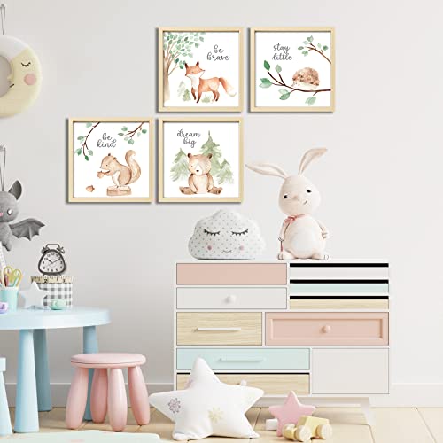 ArtbyHannah 4 Pack Framed Funny Woodland Baby Nursery Wall Art Decor with 10x10 Frames and Cute Safari Animals Prints for Kids Playroom Decoration, Light-Wood