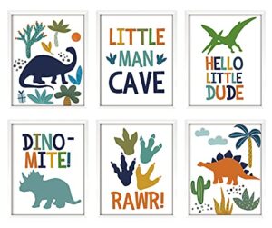 artbyhannah 6 pack 8x10 inch framed nursery wall art decor with white picture frames and decorative watercolor dinosaurs art prints for kids room, playroom, nursery room decoration, dino room decor