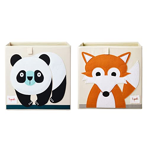 3 Sprouts Kids Childrens Collapsible Fabric 13 x13 x 13 Inch Storage Cube Bin Box for Cubby Shelves, Orange Fox and Panda Bear (2 Pack)