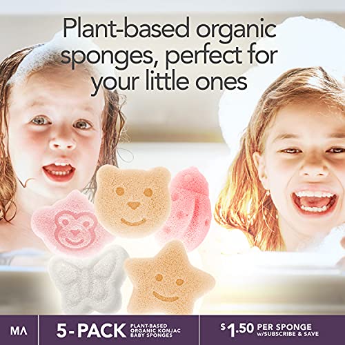 Konjac Baby Sponge for Bathing | Natural Cute Shapes | Kids Bath sponges for Infants | Toddler Bath time | Safe Organic Plant-Based | 5pcs Set : Bear, Monkey, Butterfly, Ladybug, Star