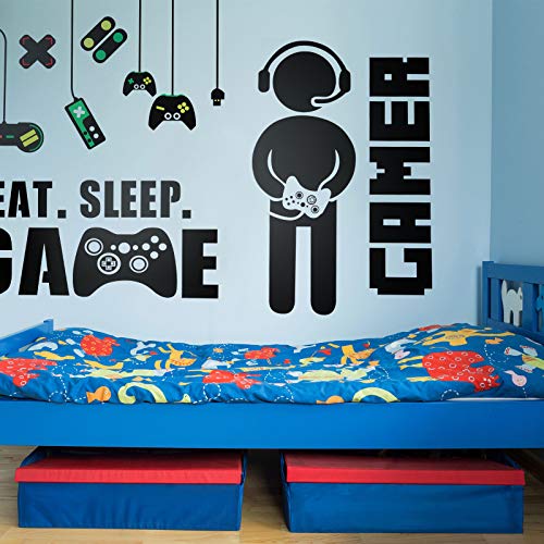 3 Sheets Game Wall Stickers Video Game Wall Decals, Vinyl Gaming Wall Stickers Eat Sleep Game Wall Decal for Boys Kids Men Bedroom Home Playroom (Separated Game Boy Style)