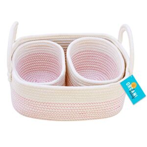 organihaus pink baby changing basket | nursery storage baskets for shelves | cotton rope basket w/handles | cloth basket for toys | towel basket bins | set of 3 small woven basket for storage