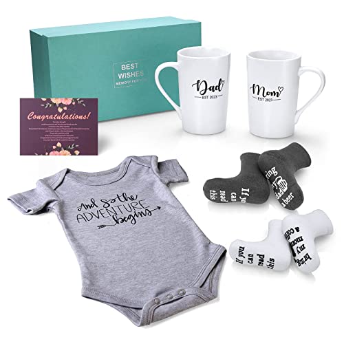 Pregnancy Gifts for First Time Moms - New Mom Gifts for Women, Mom and Dad Est 2023 14 oz Mug Set with Onesie and Baby Socks - Top New Parents Gifts for Couples - Gift for Gender Reveal, Baby Shower…