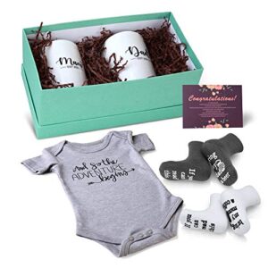 Pregnancy Gifts for First Time Moms - New Mom Gifts for Women, Mom and Dad Est 2023 14 oz Mug Set with Onesie and Baby Socks - Top New Parents Gifts for Couples - Gift for Gender Reveal, Baby Shower…