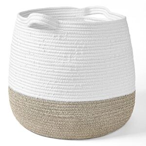 la jolie muse 15” large cotton rope storage basket with handles, versatile organization and storage bin organizer, natural and safe for baby and kids, 15”h*14.2”d, white & desert