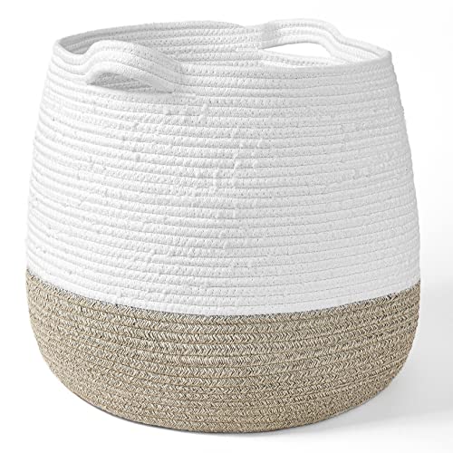 LA JOLIE MUSE 15” Large Cotton Rope Storage Basket with Handles, Versatile Organization and Storage Bin Organizer, Natural and Safe for Baby and Kids, 15”H*14.2”D, White & Desert