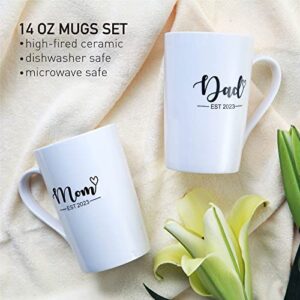 Pregnancy Gifts for First Time Moms - New Mom Gifts for Women, Mom and Dad Est 2023 14 oz Mug Set with Onesie and Baby Socks - Top New Parents Gifts for Couples - Gift for Gender Reveal, Baby Shower…