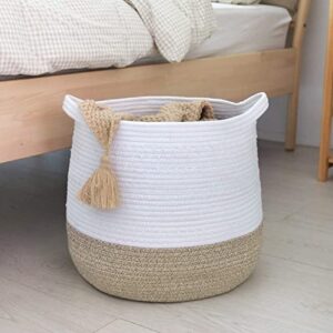 LA JOLIE MUSE 15” Large Cotton Rope Storage Basket with Handles, Versatile Organization and Storage Bin Organizer, Natural and Safe for Baby and Kids, 15”H*14.2”D, White & Desert