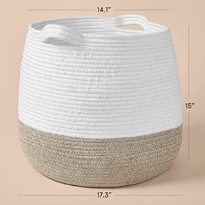 LA JOLIE MUSE 15” Large Cotton Rope Storage Basket with Handles, Versatile Organization and Storage Bin Organizer, Natural and Safe for Baby and Kids, 15”H*14.2”D, White & Desert