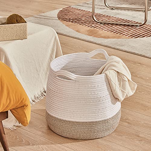 LA JOLIE MUSE 15” Large Cotton Rope Storage Basket with Handles, Versatile Organization and Storage Bin Organizer, Natural and Safe for Baby and Kids, 15”H*14.2”D, White & Desert