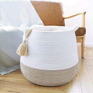 LA JOLIE MUSE 15” Large Cotton Rope Storage Basket with Handles, Versatile Organization and Storage Bin Organizer, Natural and Safe for Baby and Kids, 15”H*14.2”D, White & Desert