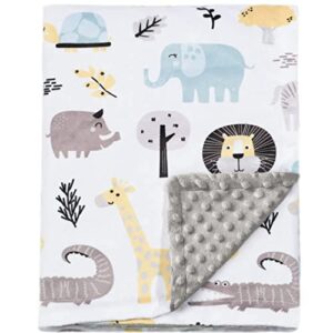 BORITAR Summer Baby Blanket for Boys Soft Minky with Double Layer Dotted Backing, Cute Animals Printed 30 x 40 Inch Receiving Blanket