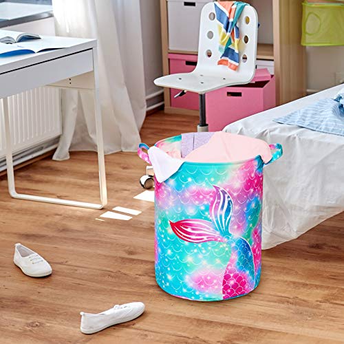 Beinou Mermaid Laundry Hamper 43.3L Waterproof Storage Basket Collapsible Toy Basket Canvas Organizer Basket with Handles for Kids Bedroom Baby Nursery Clothes