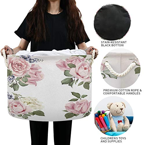 ALAZA Rose Flower Watercolor Large Storage Laundry Basket with Handles for Blanket Toys Towels Nursery Hamper Bin 20" x 20" x 14"