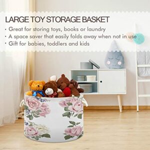 ALAZA Rose Flower Watercolor Large Storage Laundry Basket with Handles for Blanket Toys Towels Nursery Hamper Bin 20" x 20" x 14"