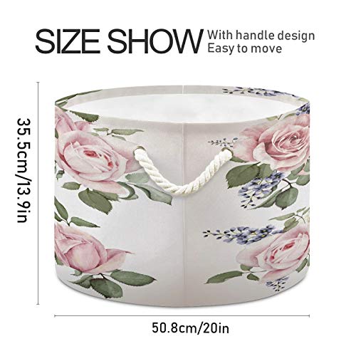 ALAZA Rose Flower Watercolor Large Storage Laundry Basket with Handles for Blanket Toys Towels Nursery Hamper Bin 20" x 20" x 14"