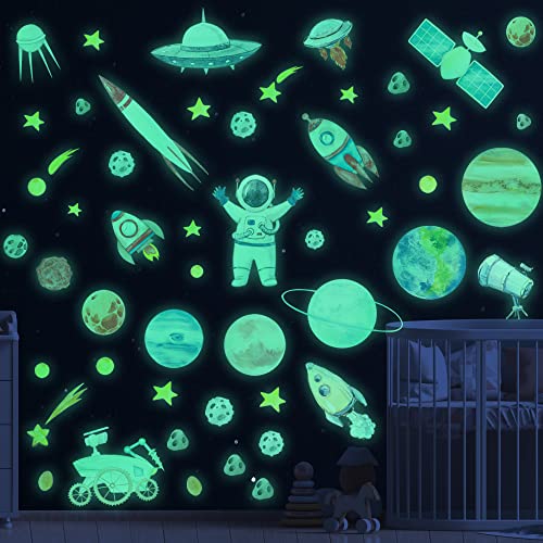 Glow in The Dark Planet and Space Solar System Wall Stickers,Glow in The Dark Stars for Ceiling,Galaxy Astronaut Rocket Spacecraft Alien Wall Decals for Boys Toddler Kids Bedroom Nursery Playroom Wall Decor